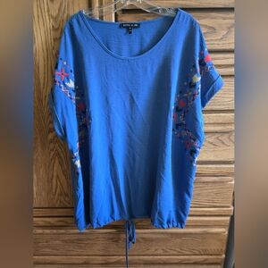 Brina & EM Blue Tribal Embroided Short Sleeve Drawstring Waist Blouse Size 3X